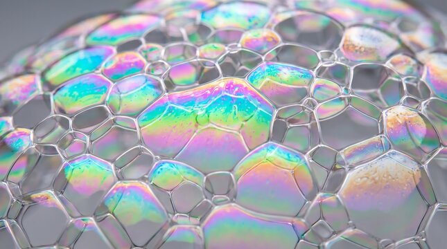 Close up view of complex soap foam structure with iridescent bubble membranes showing geometric hexagonal shapes and rainbow reflections on light grey background.