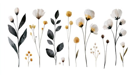 Naklejka premium Elegant Watercolor Botanical Elements, Delicate Floral Sprigs, Artistic Leafy Stems, Minimalist Nature Illustrations for Design Projects isolated on White Background
