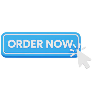 Blue order now button with mouse cursor 3D rendering for e-commerce checkout