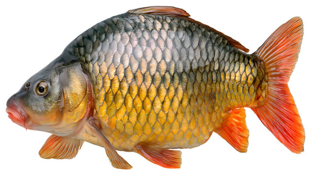 A side view of a common carp fish with orange fins and golden scales on a transparent