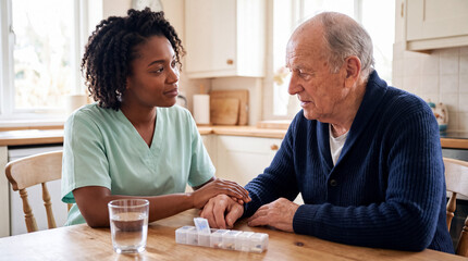 Fototapeta premium Healthcare provider soothing an elderly patient at home while a caregiver arranges his daily pill organizer