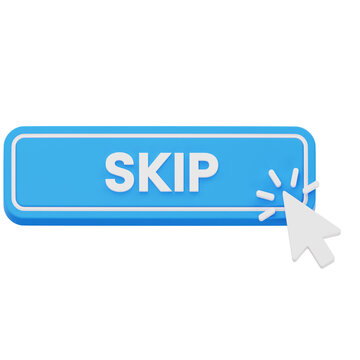 Blue skip button with mouse cursor 3D rendering for video ad navigation