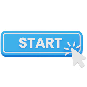 Blue start button with mouse cursor 3D rendering for game launch interface