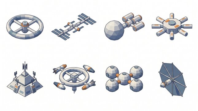 Set of isolated isometric space station and orbital outpost icons for futuristic game design.