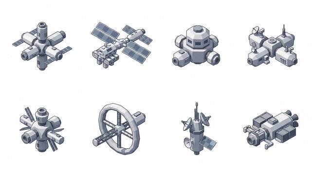 Set of isometric space station modules and orbital satellite structures for sci-fi game design. isolated 