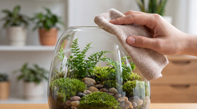 Hand cleaning glass terrarium, maintaining an indoor garden ecosystem with lush green moss and ferns