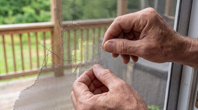 Hands repairing a damaged screen door, fixing a torn mesh fabric. Concepts include home maintenance, diy, and repair