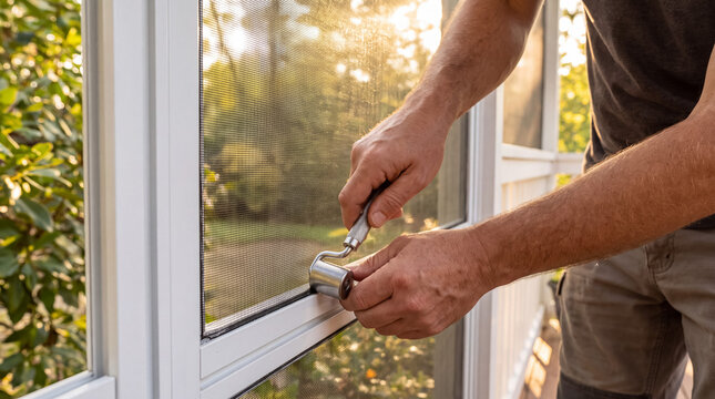 Worker installing new screen mesh in window frame using a spline roller for home repair and renovation