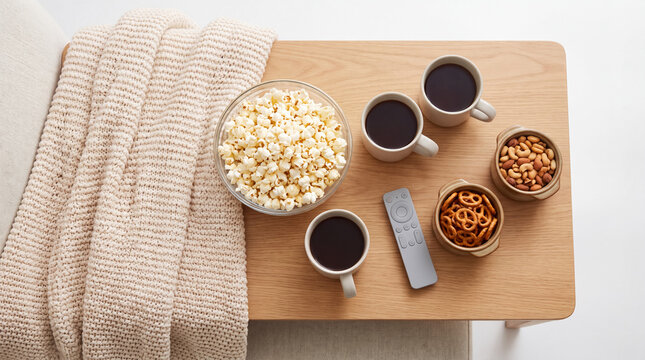 Cozy night in with popcorn, pretzels, nuts, and hot drinks, enjoying entertainment and relaxation at home