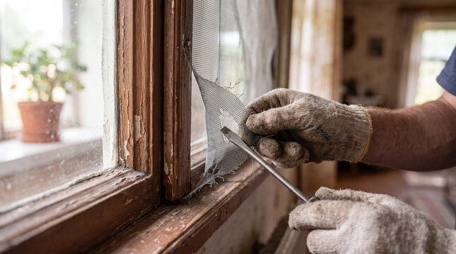 Person in work gloves removing torn insect screen from a weathered wooden window frame during home improvement