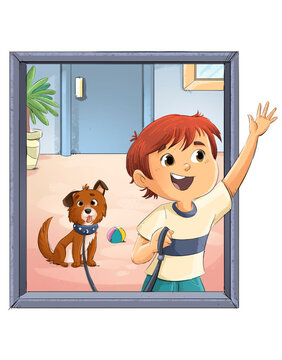 Scene of a child about to take his dog for a walk, children's illustration