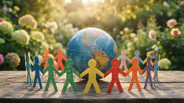 Colorful paper cutout figures holding hands around a globe