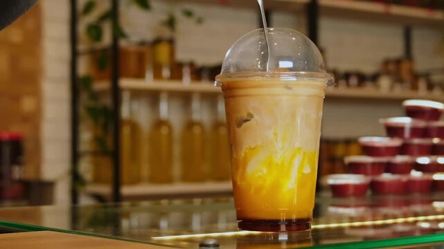 Barista hand stirs bumblebee coffee cocktail with bar spoon on counter closeup. Female bartender mixed iced beverage ingredients in coffeeshop