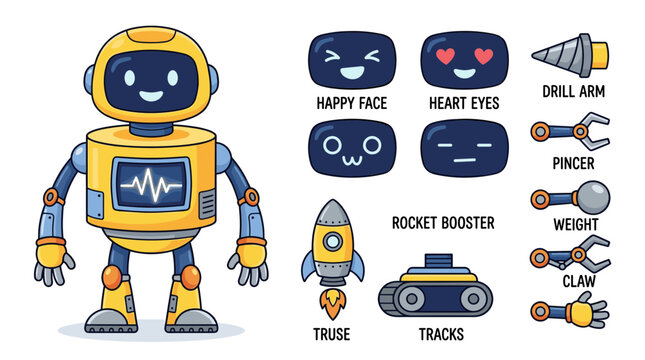 Robot character creator kit with body parts and face expressions, vector illustration