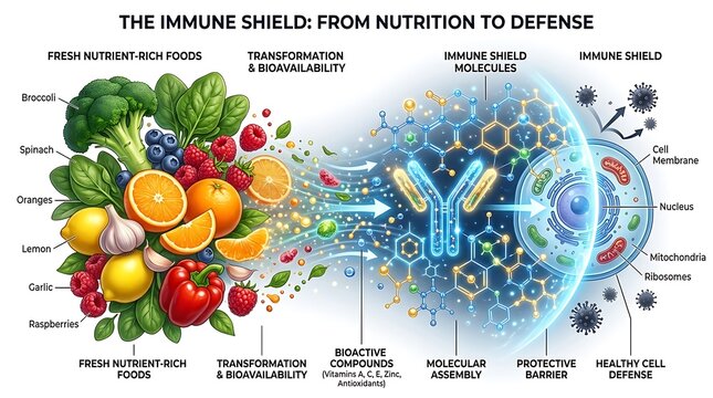 Immune system shield infographic showing nutrition to cell defense