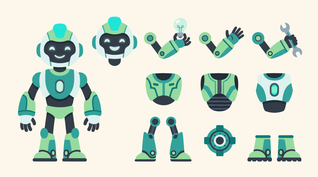 Robot constructor parts with body elements. Collection of cute android different details