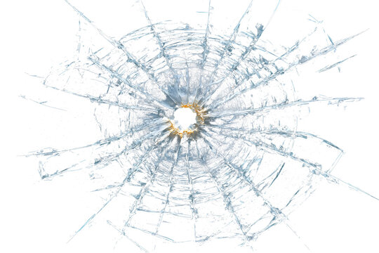 Broken glass with bullet hole isolated on transparent background for impact, damage and overlay design use.
