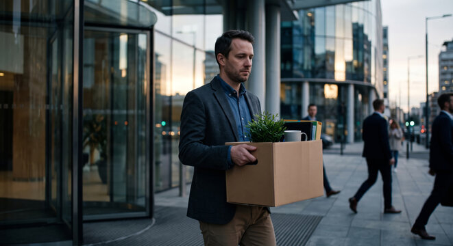 Fired Employee Walking Out of Office Building Carrying a Cardboard Box of Personal Belongings