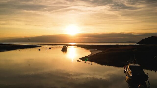 Aerial view of seabirds and fishing boats on calm harbour waters