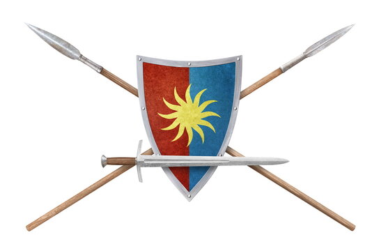 sword shield and two lances isolated on white