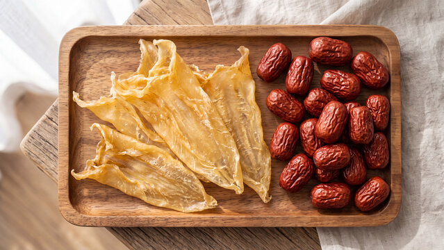Dried fish maw and red dates on a wooden tray, traditional Asian cooking ingredients.