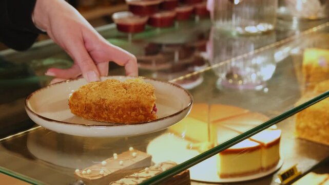 Barista sets plated cake slice on glass display ready for pick up. Woman slides dessert gently across shelf preparing pastry showcase for sale