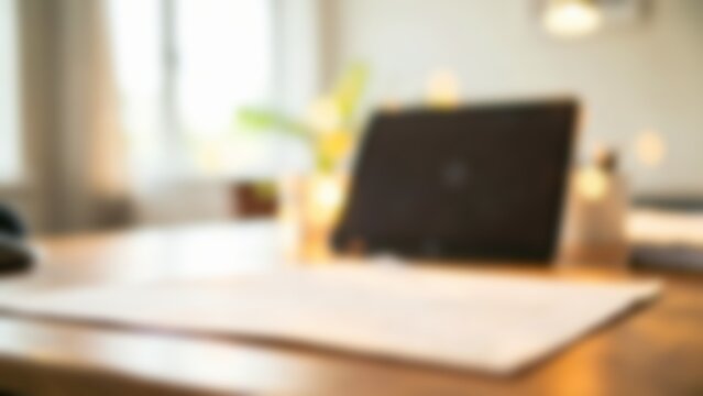 defocused modern office desk with laptop for fintech website