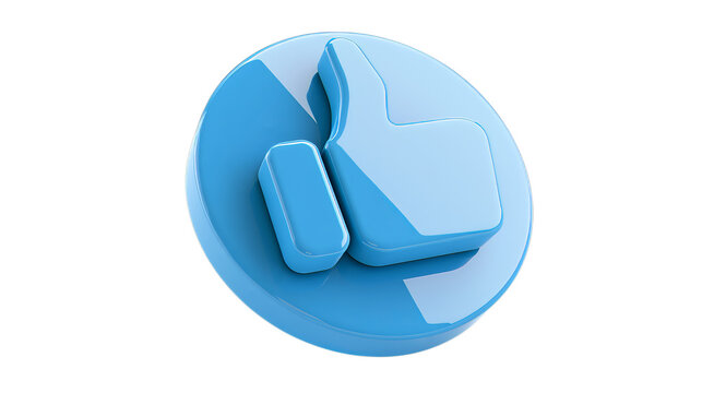 Glossy blue thumb up social media icon featuring smooth rounded edges and bright reflections rendered in 3d on transparent background