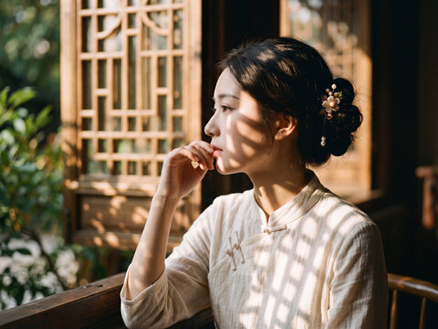 Pensive Asian woman in traditional white hanfu dress looking out window with shadow sunlight patterns.