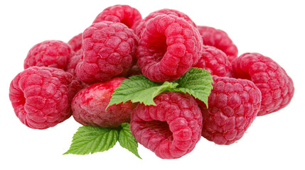 Heap of fresh ripe raspberries with green leaves © Isolde