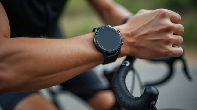 Primer plano del antebrazo de un ciclista que muestra venas visibles y un reloj inteligente de alto rendimiento