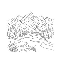 Fototapeta premium Minimalist Mountain Range Scenery with Winding River and Pine Forest Line Art Illustration