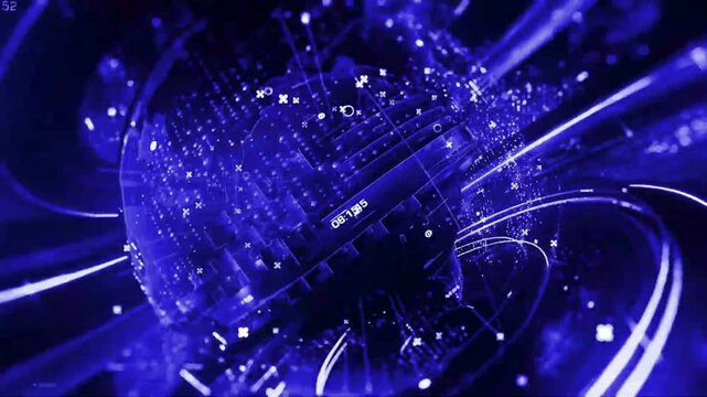 Digital globe rotating with abstract data connections and light streaks in blue neon cyberspace environment.