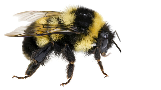 Fuzzy bumblebee with yellow and black stripes, detailed macro shot
