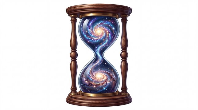 Wooden hourglass holding swirling deep space galaxies inside glowing glass bulbs isolated on white background