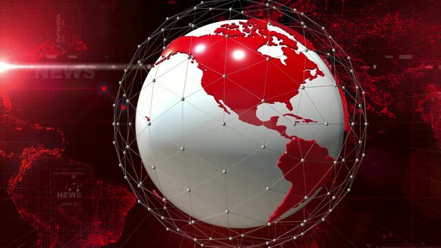 Digital globe rotates amidst complex network of connection points on dark red technological broadcast background.