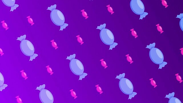 Animated candy pattern moving across purple gradient background with vibrant pink and blue sweet wrappers.