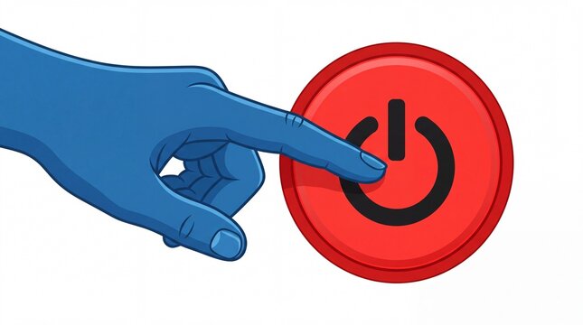 Blue human hand pressing a large red power button illustration isolated cleanly on white background