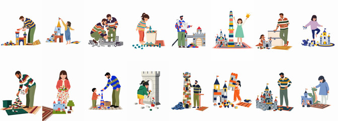 Naklejka premium Set of Fathers and Children Playing with Toy Blocks, Building Castles and Towers Together, Flat Vector Illustration Bundle of Family Bonding and Creative Play Activities