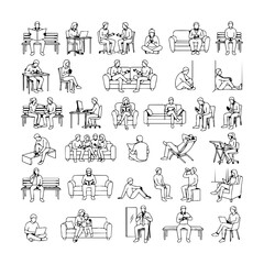 Fototapeta premium Set of outline icons featuring people sitting in various daily activities, lifestyle