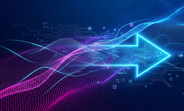 A sleek futuristic technology background featuring a glowing neon-blue digital arrow accelerating forward, symbolizing innovation, automation, speed, and digital transformation. Flowing wirefram