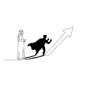 Arab businessman looking at super hero shadow representing professional growth and career success