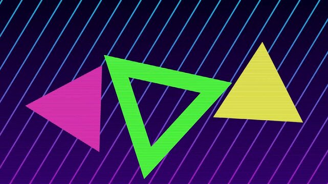 Neon geometric triangles rotating against dark diagonal grid motion graphic loop in vibrant retro style.