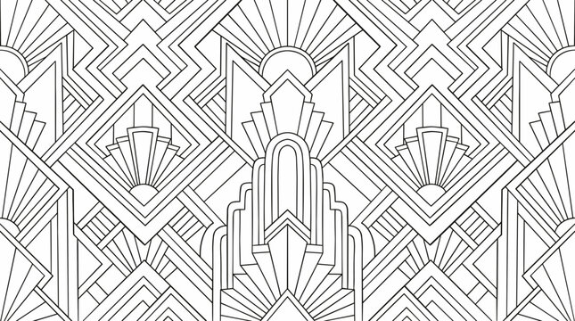 Art deco geometric pattern with sunburst motifs, black line art on white background, seamless repeating design element