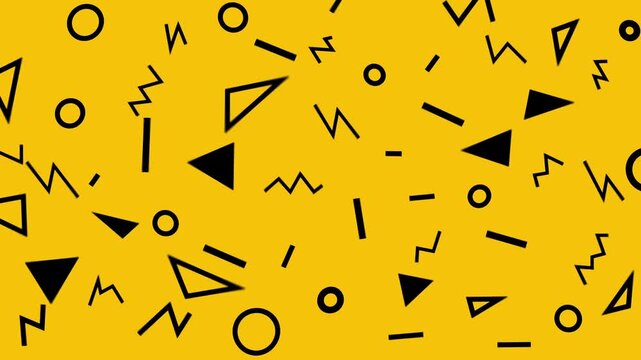Abstract memphis style animation with floating geometric shapes on yellow background for creative design.