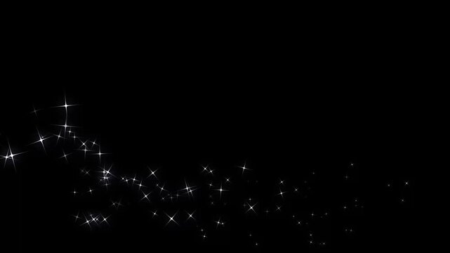 Sparkling glitter star effects with white blinking cartoon stars, glowing starlight dust line, shimmering doodle sparkle trail, magical fairy particles on seamless, screen black background. 4k video