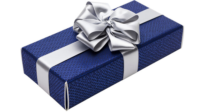 Blue gift box with silver ribbon and bow