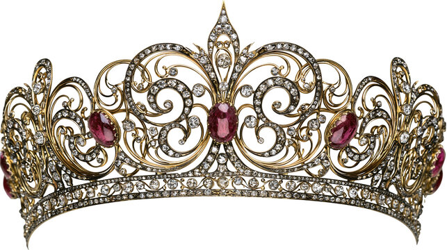 Ornate gold tiara with diamonds and ruby gemstones