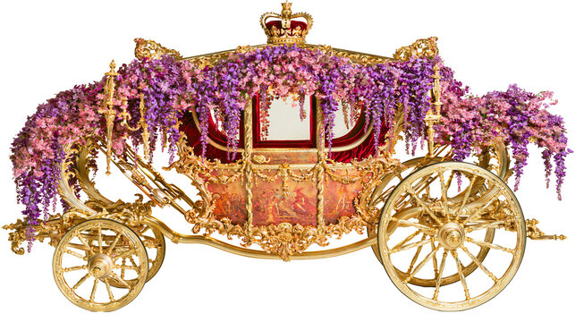 Ornate golden carriage adorned with purple and pink flowers and a crown