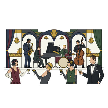 Vintage jazz band performs for elegantly dressed couples holding cocktails in a stylish art deco club setting